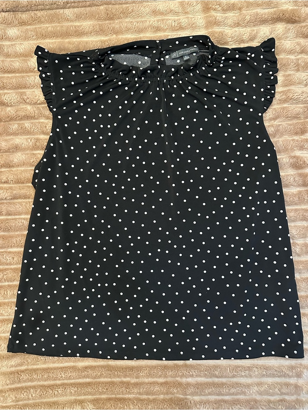 Adrianna Papell Black and White Polka Dot Ruffled Cap Sleeve Top